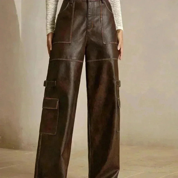 Coffee Brown Casual Women's Merlot Vintage Distressed Faux Cargo Pants - Picture 5 of 6